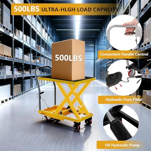 GarveeTech Hydraulic Lift Table Cart, 500Lbs Load Capacity 28.5 Inch Lifting Height, Manual Single Scissor Lift Table with Non-Slip Pad and 4 Wheels,Hydraulic Scissor Cart (500lbs - Single - Yellow) - Image 3