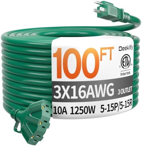 100FT 16 Gauge Green Outdoor Extension Cord with Multiple Outlets by Deeklify