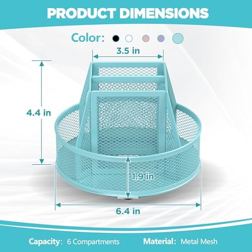 Docnest 360°Rotating Mesh Desk Organizer,6-Compartment Pen Holder,Blue - Image 2