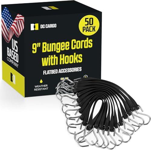 Pack of 50 Tarp Straps for Flatbed Trailers, 9" Long Natural Rubber Bungee Cord Tie-Downs Ideal for Securing Tarps, Canvases, Cargo in Cold Climates | Tie-Downs w/ Metal S-Hooks by DCCargo