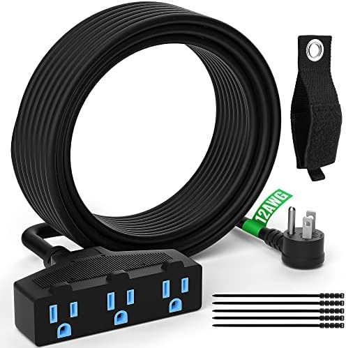 Outdoor Extension Cord 30 Ft with 3 Outlets, 12/3 SJTW 3 Prong Grounded Power Cord, 12 Gauge 12AWG Heavy Duty Power Cable, ETL Listed, 15 Amp 125 V 1875 W-Multiple Outlets for Indoor/Outdoor-Black by Elecan