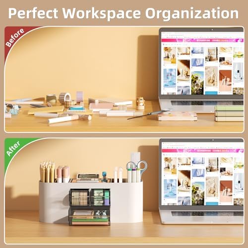 Marbrasse Desk Organizer Pen Holder for Desk with 3 Drawers, Multi-Functional Pencil Holder, Desk Organizers and Accessories with 7 Compartments for Home, School, Classroom(Grey) - Image 6