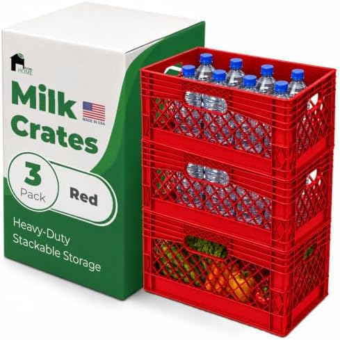 EconoHome Milk Crate - Stackable Storage Crate with Built-In Handles - Heavy Duty Plastic Material - Ventilated Organizer Bin for Garage, Pantry, Classroom, Office & Moving - Red, 19x13x11, 3-Pack by EconoHome