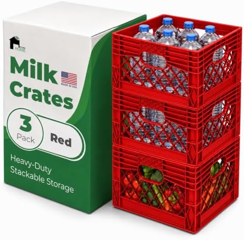 EconoHome Milk Crate - Stackable Storage Crate with Built-In Handles - Heavy Duty Plastic Material - Ventilated Organizer Bin for Garage, Pantry, Classroom, Office & Moving - Red, 13x13x11, 3-Pack by EconoHome