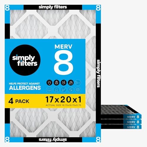 Simply 17x20x1 Air Filter, Merv 8, 4 Pack, For Home AC Furnace & HVAC (Actual Size: 16.75"x19.75"x0.75") DUST, Pet, & Allergy Control by SimplyFilters