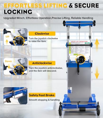 2 in 1 Material Lift Winch Stacker, 6 Wheels Manual Material Lifts, Heavy Duty Pallet Truck Dolly with Adjustable Fork, Adjustable Straddle Hand Winch Lift Trucks for Warehouse, Factory, Load 410 Lbs - Image 3
