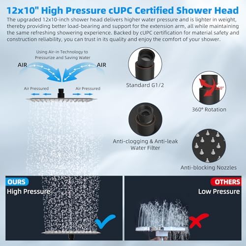 Hibbent 12'' Rain Shower Head with 16'' Extension Arm, Oil Rubbed Bronze - Image 4
