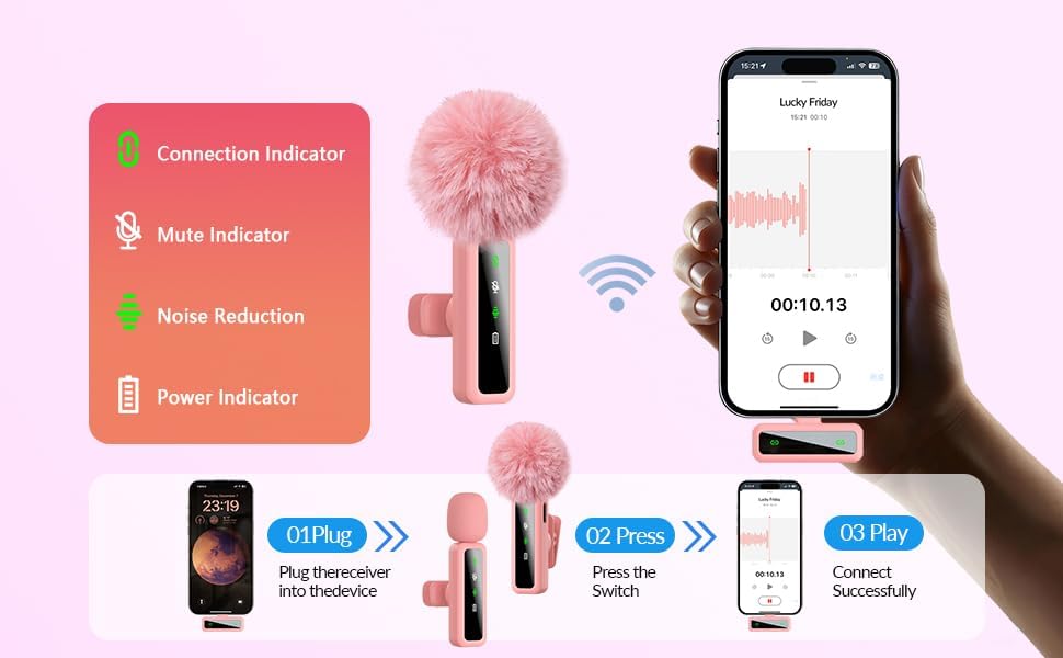 Wireless Lavalier Mic for iPhone, Android, PC, Live Stream, Vlog (pink) - Image 4