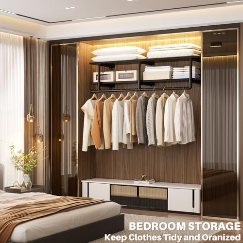Aheaplus Industrial Pipe Clothing Rack, Wall Mounted Closet Shelf with Rod - Image 2