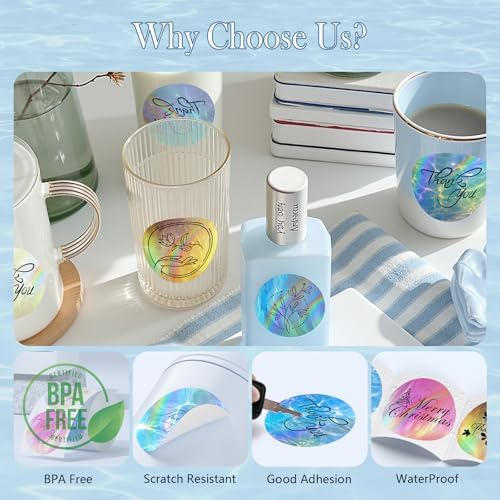 2-Inch Round Holographic Thermal Sticker Labels, with Rainbow Wave and Glitter Deign, Suitable for Every Tags, Custom DIY Logo Applications, 6 Colors (300Pcs/Roll) - Image 4