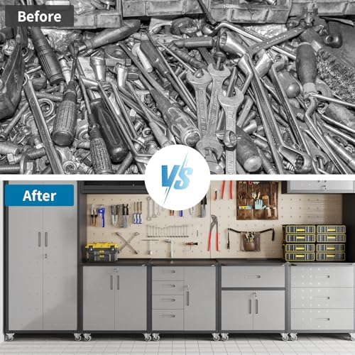Garage Storage Cabinets System 5PCS Workshop Set with Drawers Locking Heavy Duty Rolling Cart with Adjustable Shelves Garage Tool Workbench Cabinets (5 PCS-2) - Image 6
