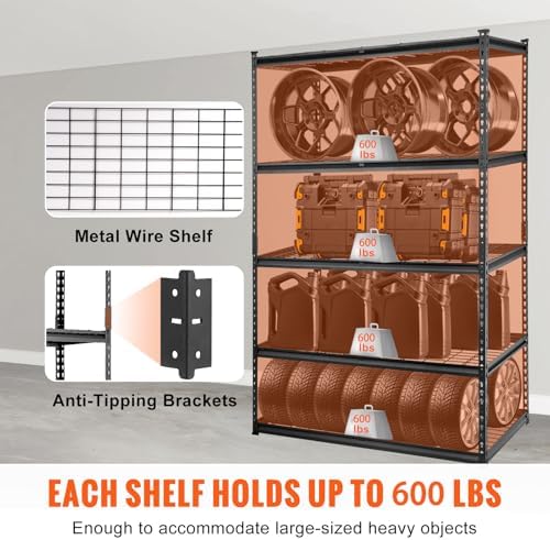 VEVOR Storage Shelving Unit, 5-Tier Adjustable, 2000 lbs Capacity, Heavy Duty Garage Shelves Metal Organizer Wire Rack, Black, 48" L x 24" W x 72" H for Kitchen Pantry Basement Bathroom Laundry Closet - Image 4