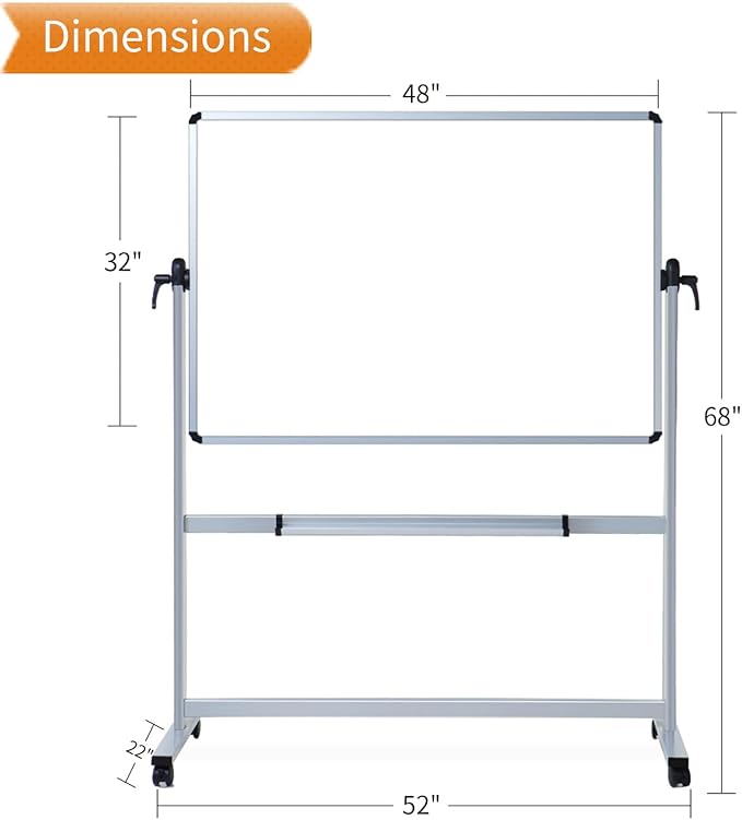VIZ-PRO Double-Sided Magnetic Mobile Whiteboard, 48 x 32 Inches, Aluminium - Image 3