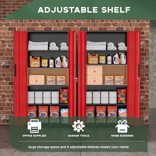 Greenvelly Metal Garage Storage Cabinet, 72" Black Red Tool Steel Locking Cabinet with Doors and 4 Shelves, Tall Cabinets for Garage Storage Systems Lockable File Cabinet for Home Office,Garage - Image 4