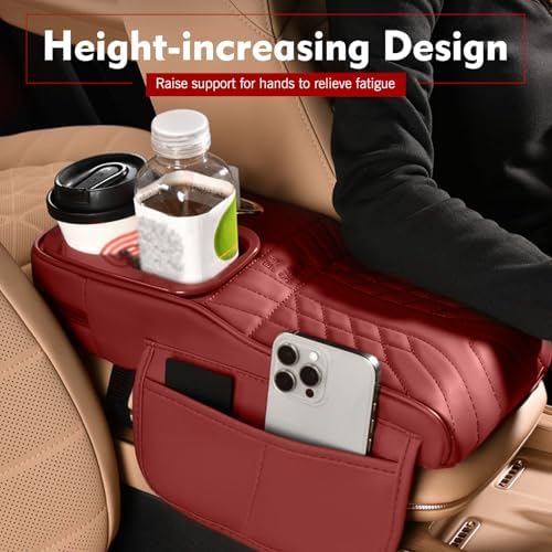 Car Center Console Cover, Waterproof Leather Multifunctional Armrest Booster Pillow with 2 Storage Bags Cup Holder, Tissue Box Slot, Universal for Most Cars with a Pack of Tissues (Red) - Image 7