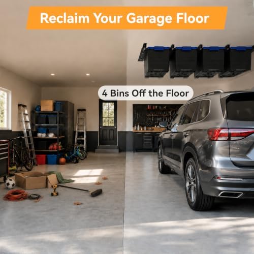 Garage Ceiling Storage Racks for 4 Bins, 17" Heavy Duty Steel Rails, Overhead Garage Storage Rack for 27 Gallon Totes, Powder Coated Tote Rack for Garages, Sheds, Storerooms - Image 5