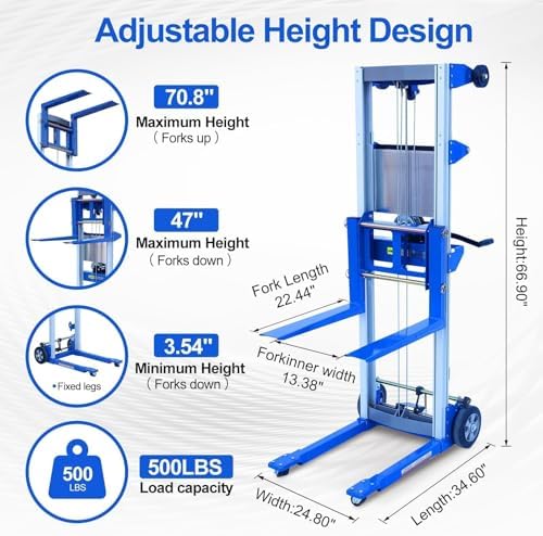 70" Material Lift Winch Stacker, Hand Winch Lift Truck with Fixed-Leg, Manual Material Lifter Pallet Stacker for Contractor, Workshop, Industrial, 500lbs - Image 2