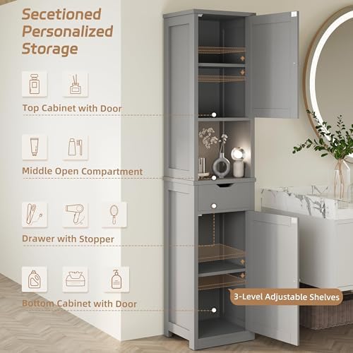 Shintenchi Tall Bathroom Storage Cabinet, Slim Corner Floor Cabinet with Doors and Drawer, Freestanding Narrow Bathroom Organizer with Adjustable Shelves for Small Space, Gray - Image 5