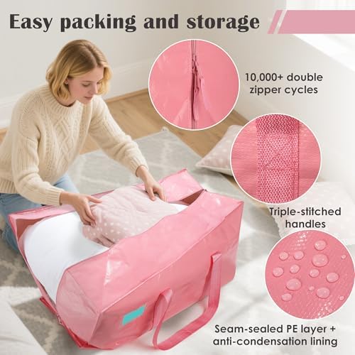 6 Pack Moving Bags with Full-Open Side Zipper, Extra Large 93L Heavy Duty Waterproof Foldable Storage Totes for College Dorm, Moving & Home Organization Pink - Image 3