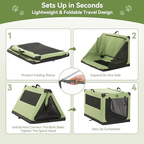 PETSFIT 30" Soft Portable Dog Crate – Patented Spiral Sturdy Frame, Collapsible Travel Kennel for Medium Dogs, 3 Mesh Door, Lockable Zippers, Indoor & Car Use Green - Image 5