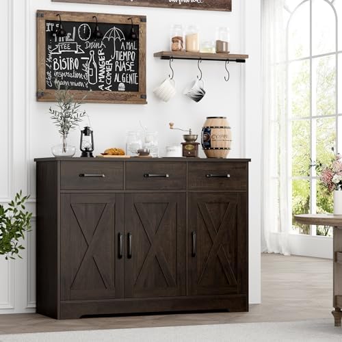 HOSTACK Kitchen Buffet Cabinet with Storage, Sideboard Coffee Bar, Brown - Image 4