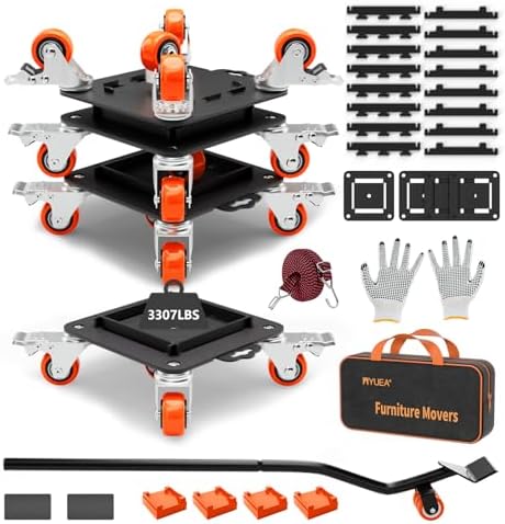 MYUEA Heavy Duty Furniture Dolly, 5 Wheels with Removable Side Guards, 3307 Lbs Capacity, 360 Rotating Wheels & Tail Brake, Orange, Carbon Steel by MYUEA