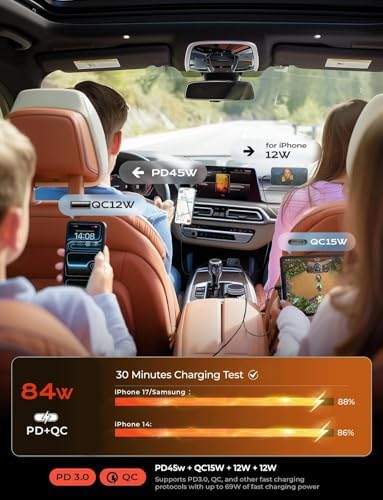 LISEN Retractable Car Charger, 84W Car Charger USB C Fast Charger Adapter, Car Accessories for Men Women, Gifts for Fathers Day for Men Dad Husband, for iPhone 17 16 15 14 13 12 Pro Max, Carbon-Grey - Image 5