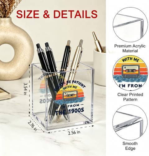 Funny Office Acrylic Cosmetic Pen Pencil Holder Cup, Be Patient with Me I'm From the 1900s Pencil Organizer, Vintage Cassette Office Desk Accessories, Sarcastic Gifts for Women Men（A49） - Image 2