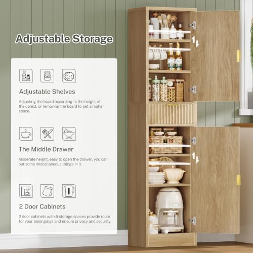 TEENFON 66.9″ Storage Cabinet with 1 Drawer and 2 Doors, Tall Bathroom Storage Cabinet with Adjustable Shelves, Rattan Fluted Cabinet for Bathroom, Living Room, Kitchen, Natural Oak - Image 5