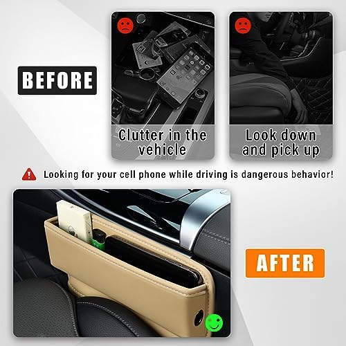 Ziciner Car Seat Gap Organizer, Premium Leather Auto Seat Storage Box, Vehicle Adjustable Front Seat Gap Filler, Car Seat Side Pocket Organizer for Phones, Glasses, Keys, Money, Cards (Beige) - Image 4