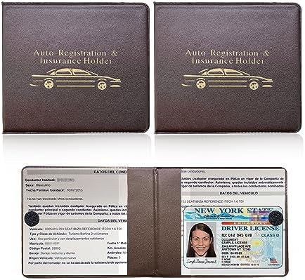 Ziciner Car Registration Insurance Holder, 2Pack Essential Auto Card Document Glove Box Organizer with Touch Fastener, Vehicle Interior Accessories Perfect for Most Car, Truck, SUV (Brown/Gold Words) by Ziciner