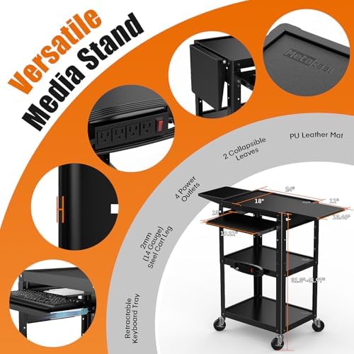 All-Steel Rolling AV Cart with Adjustable Height & Built-in Power – Heavy-Duty Media Workstation with Drop-Leaf Shelves & Wheels for Projectors, Laptops, Printers – Classroom, Office & Studio, Black - Image 7