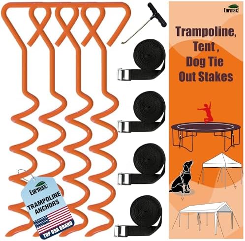 EURMAX USA 4-Pack Windproof Trampoline Stakes Anchor Kit-Steel Corkscrew Anchor,Heavy Duty Tie Down Kit with T-Hook&Reinforced Safety Straps,Secure Weatherproof Protection for Trampoline,Tent&Playset by Eurmax