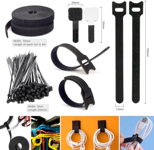 ZIIYAN 163 PCS Cable Management Kit, 3 Wire Organizer Sleeve, 8 Self Adhesive Cable Holder, 25 Cord Clips, 20+2 Roll Reusable Cable Straps and 100 Fastening Cable Ties for Computer TV Under Desk - Image 5