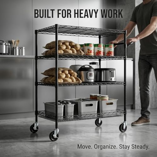 Finnhomy 4 Tier Heavy Duty Commercial Grade Rolling Cart with Handle Bar, Metal Wire Utility Cart with Wheels, Service Trolley on Wheels, Shelf Size 24" D x 36" W, NSF, Black - Image 5
