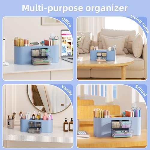 Marbrasse Desk Organizer Pen Holder for Desk with 3 Drawers, Multi-Functional Pencil Holder, Desk Organizers and Accessories with 7 Compartments for Home, School, Classroom(Blue) - Image 6