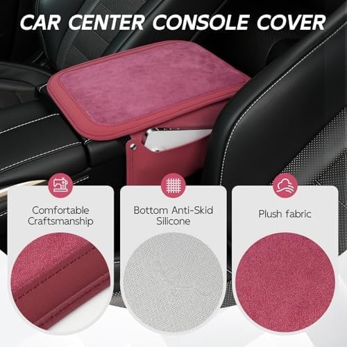 SINGARO Car Leather Center Console Cover with 2 Storage Bags, Universal Furry Fluffy Car Armrest Seat Box Pad, Comfortable Car Interior Accessories, Fits for Most Vehicles (Red) - Image 3