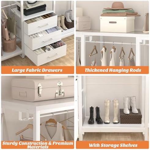 Aheaplus Garment Rack Heavy Duty Clothes Rack for Hanging Clothes,Clothing Rack with Drawers, Wood Stoarge Shelf Freestanding Closet Wardrobe Rack, Corner L Shaped Closet System Organizers, W3,White - Image 6