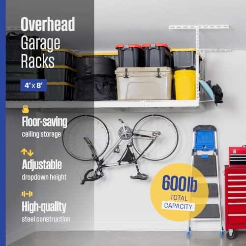 SafeRacks White 4x8 Overhead Storage Rack w/ 5-pc Hook Pack (24”-45" Drop) - Image 2