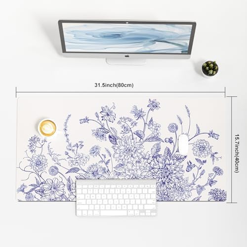 Colorful Star Large Mouse Pad, Floral Desk Mat Office Supplies, Waterproof Faux Leather Big Gaming Mousepad for Women Girls, Vintage Blue Flowers Desk Pad Home Office Décor Accessories 31.5" x 15.7" - Image 3