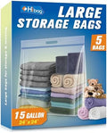 HIBAG 15 Gallon Large Storage Bags, 24” x 24” Resealable Clear Bags with Handle, Extra Large XL Heavy Duty for Clothes Pillow Travel Moving, Pack of 5 by HIBAG