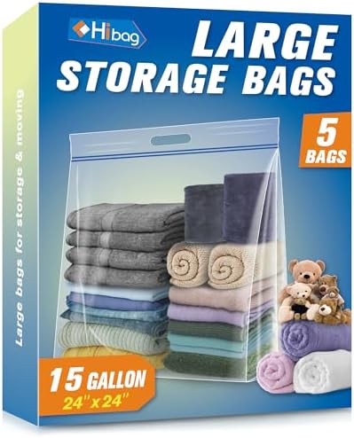 HIBAG 15 Gallon Large Storage Bags, 24” x 24” Resealable Clear Bags with Handle, Extra Large XL Heavy Duty for Clothes Pillow Travel Moving, Pack of 5 by HIBAG