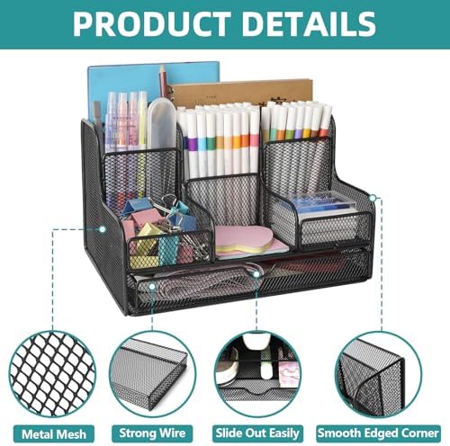 Black Mesh Desk Organizer Caddy and Accessories with 7 Compartments, Mesh Multifunctional Desktop Accessories Organizers Office Supplies Desktop Organizer for Home, Office - Image 3