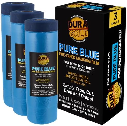 Dura-Gold 106" Wide x 46' Long Roll of Pure Blue Pre-Taped Masking Film, 3 Pack, Pre-Folded Overspray Paintable Plastic Protective Sheeting, Pull Down Drop Sheet - Auto Painting, Cover Walls Furniture by Dura-Gold