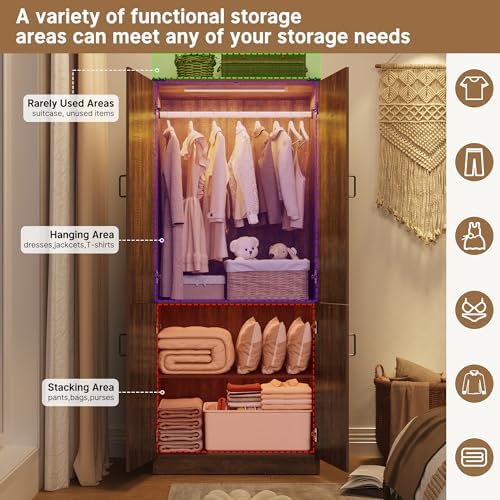 Hlivelood 75" Tall Farmhouse 2 Doors Armoire Wardrobe Closet with LED,Freestanding Closet Wardrobe Cabinet for Bedroom with Hanging Rod,Wooden Armoire Storage Cabinet with Adjustable Shelves(Brown) - Image 7
