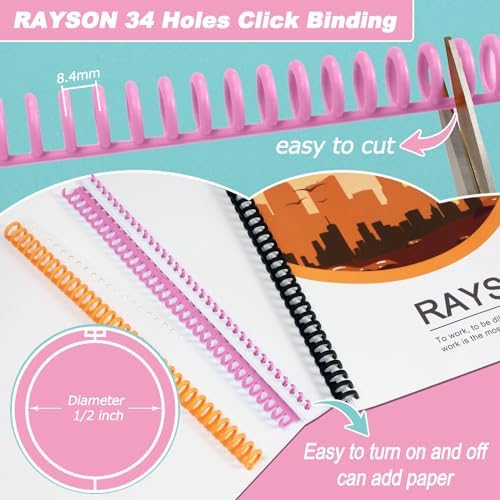 Rayson PROC1230PK Click Binding Spines, 3:1 Pitch, 1/2" Diameter, 90 Sheets Binding Capacity, Pink, 30/Box - Image 6