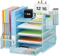 Marbrasse Desk Organizer with File Holder, 5-Tier Paper Letter Tray Organizer with Drawer and 2 Pen Holder, Mesh Desktop Organizer and Storage with Magazine Holder for Office Supplies(Blue) by Marbrasse