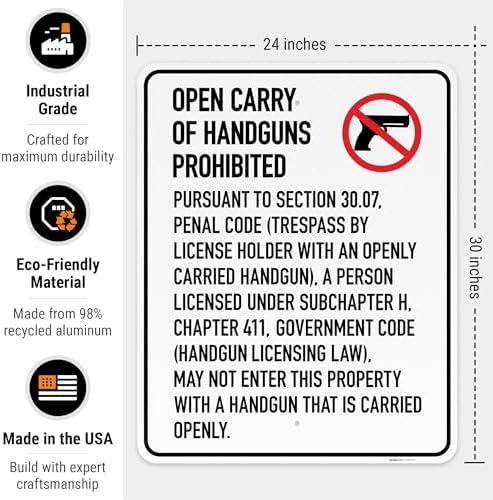 No Open Carry of Handgun Prohibited Texas §3007 Sign, - Image 3