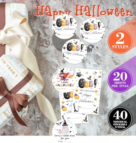 Boo! Happy Halloween Tag -20 Round & 20 Tag Shaped Cute Halloween Theme Self-Adhesive Labels for Kids Girls Teens -Party Gifts, Packaging Bags, Envelope Sealing Accessories -A03 - Image 3