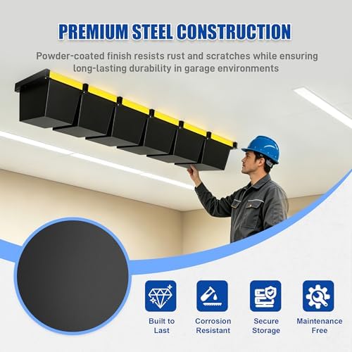 7 Pack Overhead Garage Storage Rack, Heavy Duty Ceiling Storage Rack for 6 Bins, Adjustable Metal Ceiling Bin Storage System T-Rail Tote Organizer with Hardware for Garage Workshop Shed - Image 2